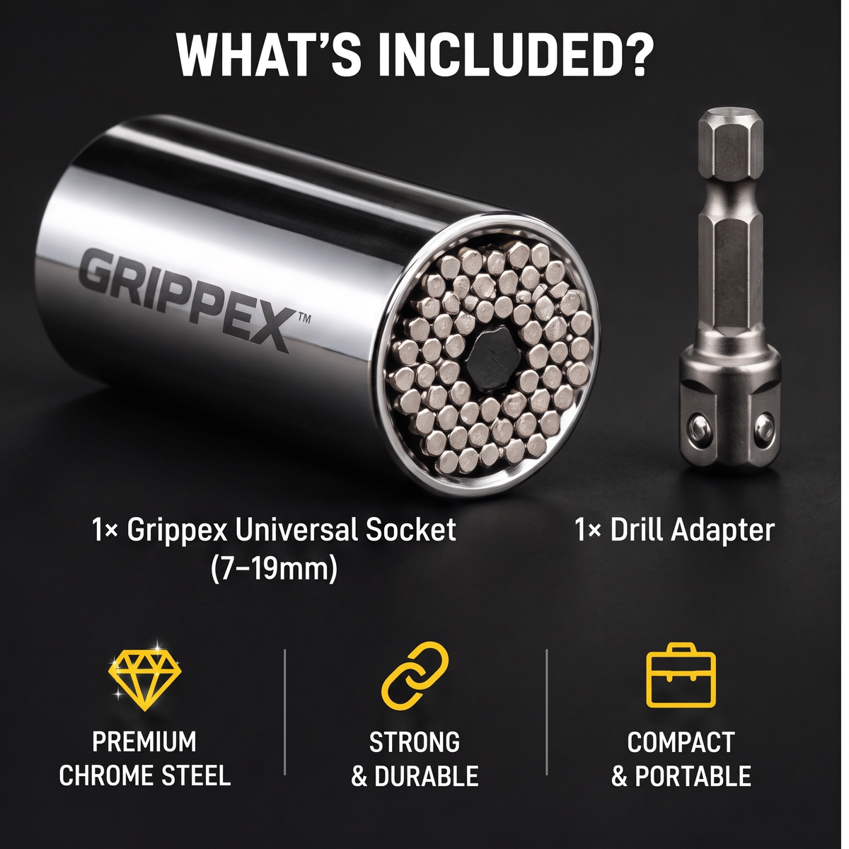 What is included - GRIPPEX Universal Socket and Drill Adapter