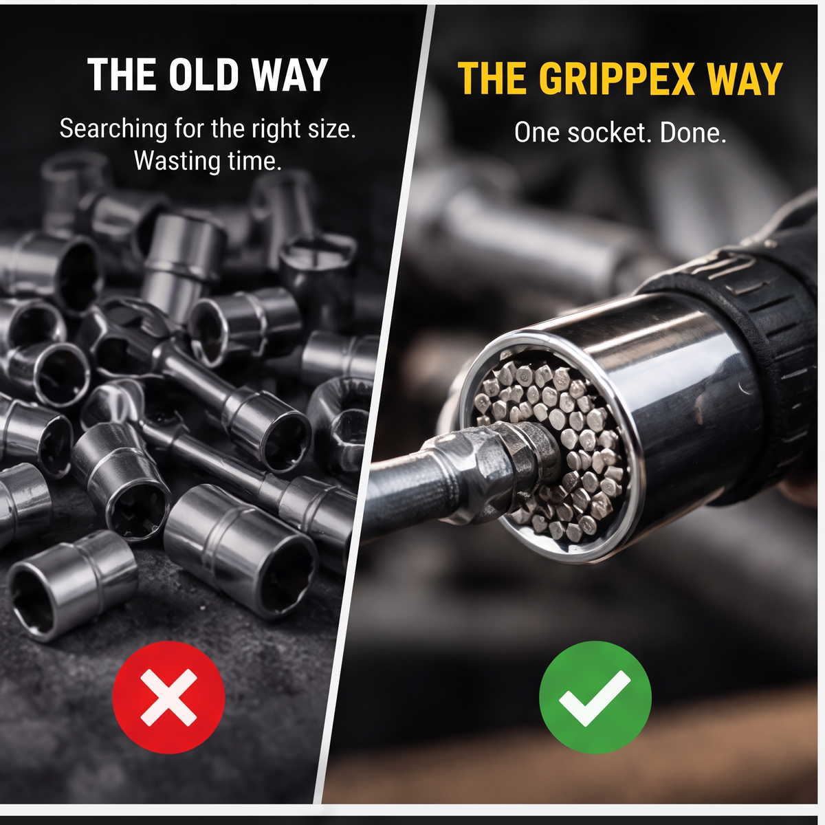 The Old Way vs The GRIPPEX Way - one socket replaces entire socket set